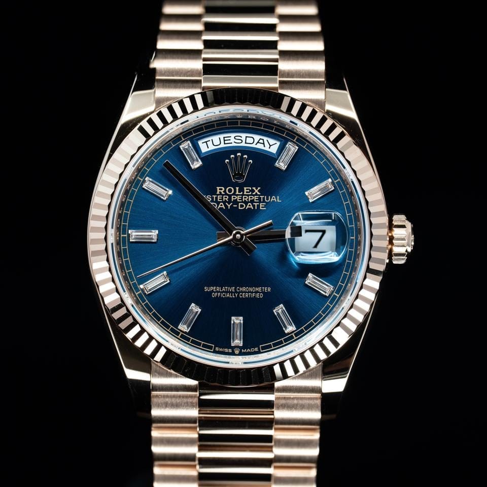 Rolex | Day-Date | 128235 | Rose gold | 36 x 43 mm | Rose gold | Blue | Automatic