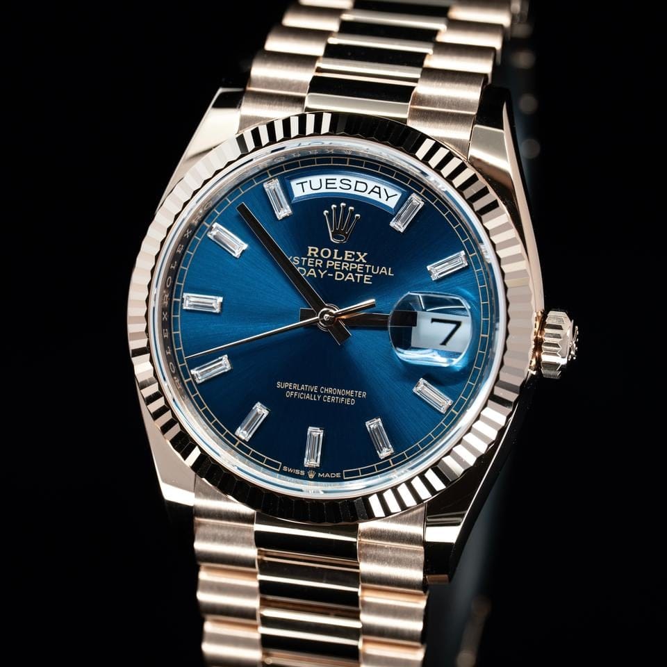 Rolex | Day-Date | 128235 | Rose gold | 36 x 43 mm | Rose gold | Blue | Automatic
