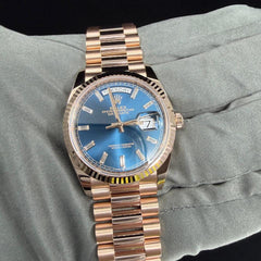 Rolex | Day-Date | 128235 | Rose gold | 36 x 43 mm | Rose gold | Blue | Automatic