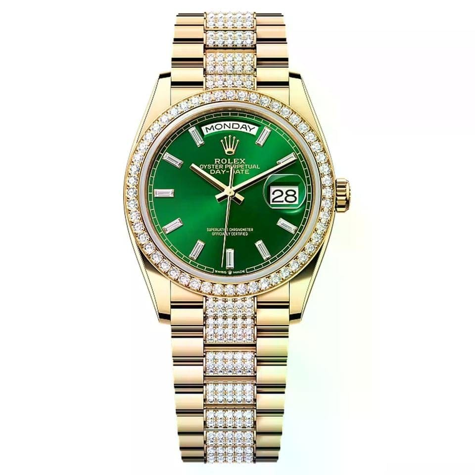 Rolex | Day-Date | 128348RBR-0079 | 36 mm | Yellow gold | Green | Automatic