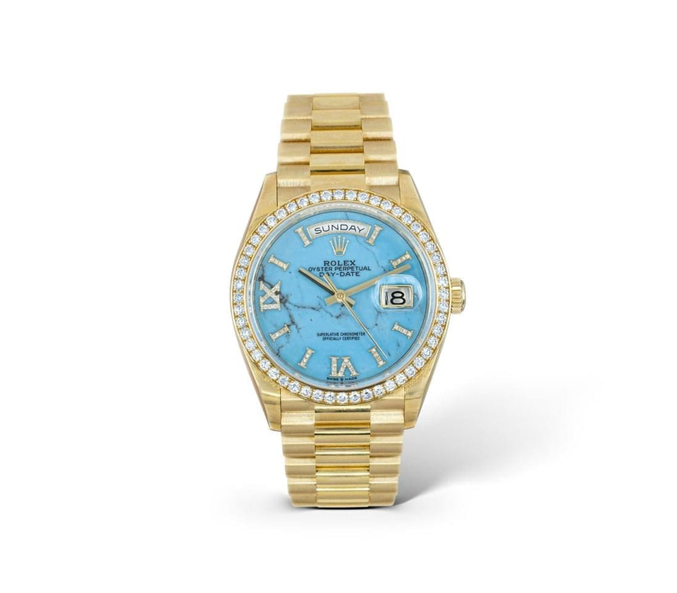 Rolex | Day-Date | 128348RBR | Yellow gold | 36 x 43 mm | Yellow gold | Blue | Automatic