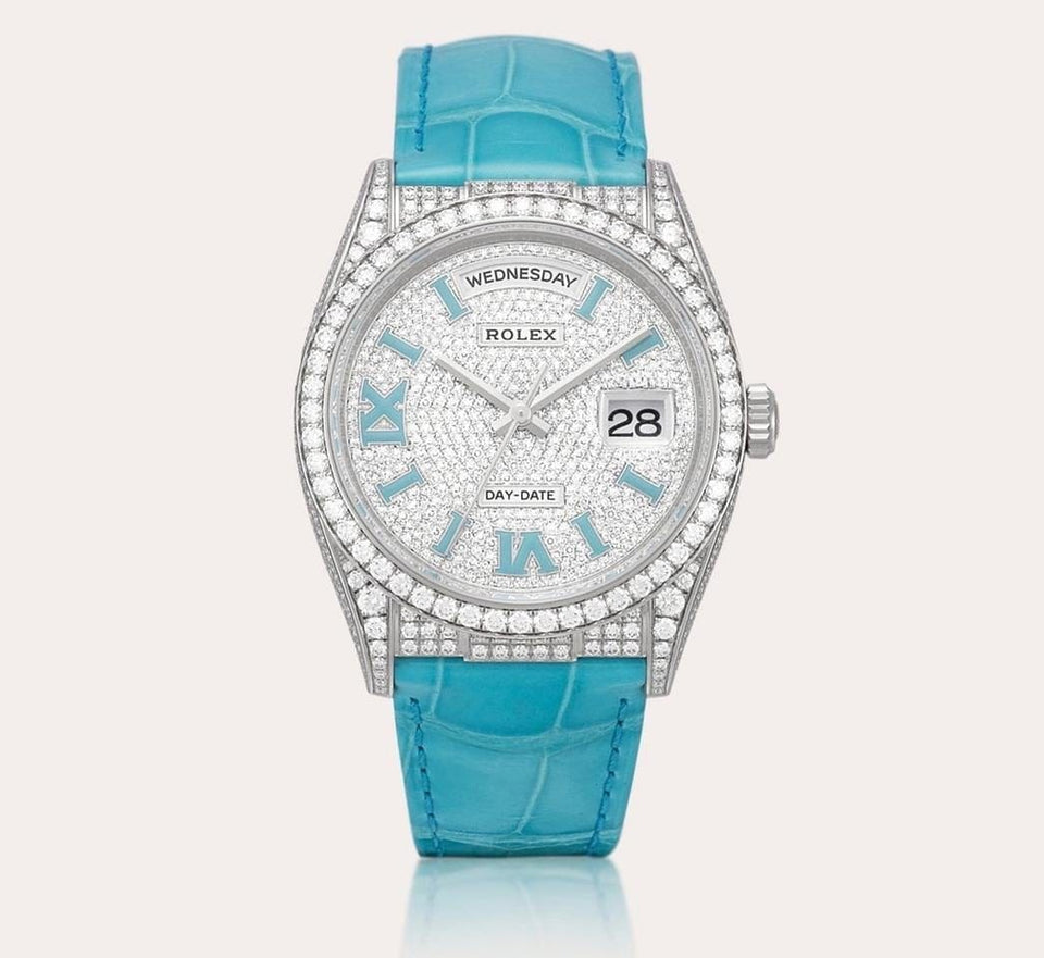 Rolex | Day-Date | 128159RBR | White gold | 36 mm | Leather | Silver | Automatic