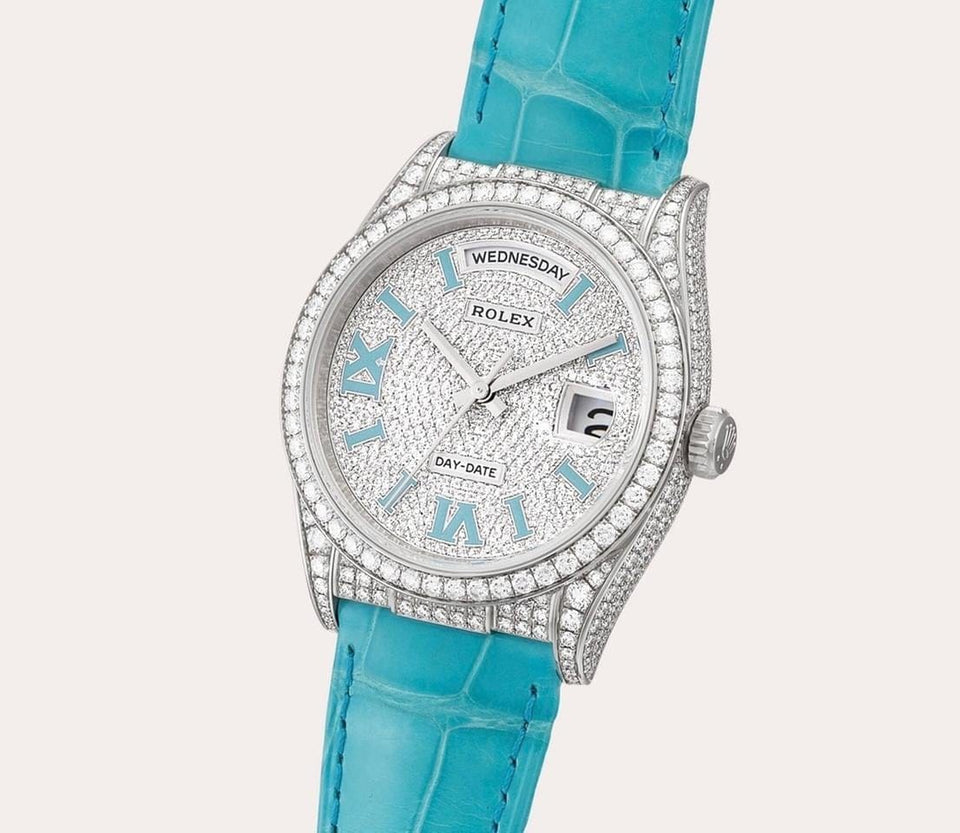 Rolex | Day-Date | 128159RBR | White gold | 36 mm | Leather | Silver | Automatic