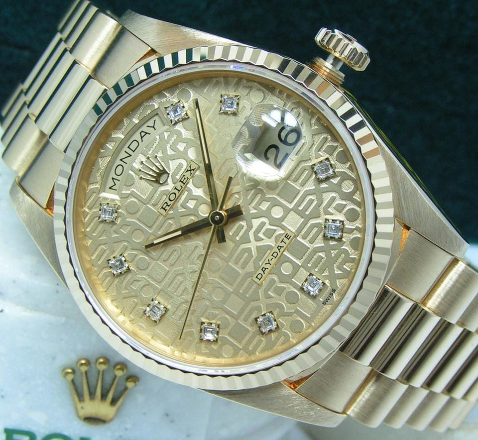 Rolex1994 Day-Date 36 UN-WORN Boxes Papers RARE Champagne "Jubilee" Princess cut Diamond Dial