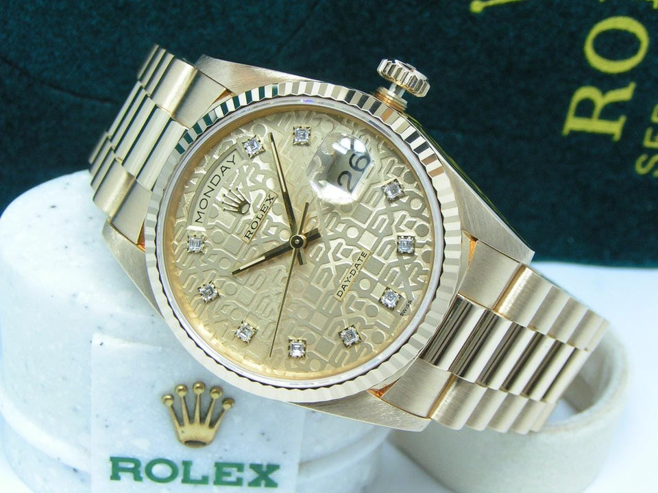 Rolex1994 Day-Date 36 UN-WORN Boxes Papers RARE Champagne "Jubilee" Princess cut Diamond Dial