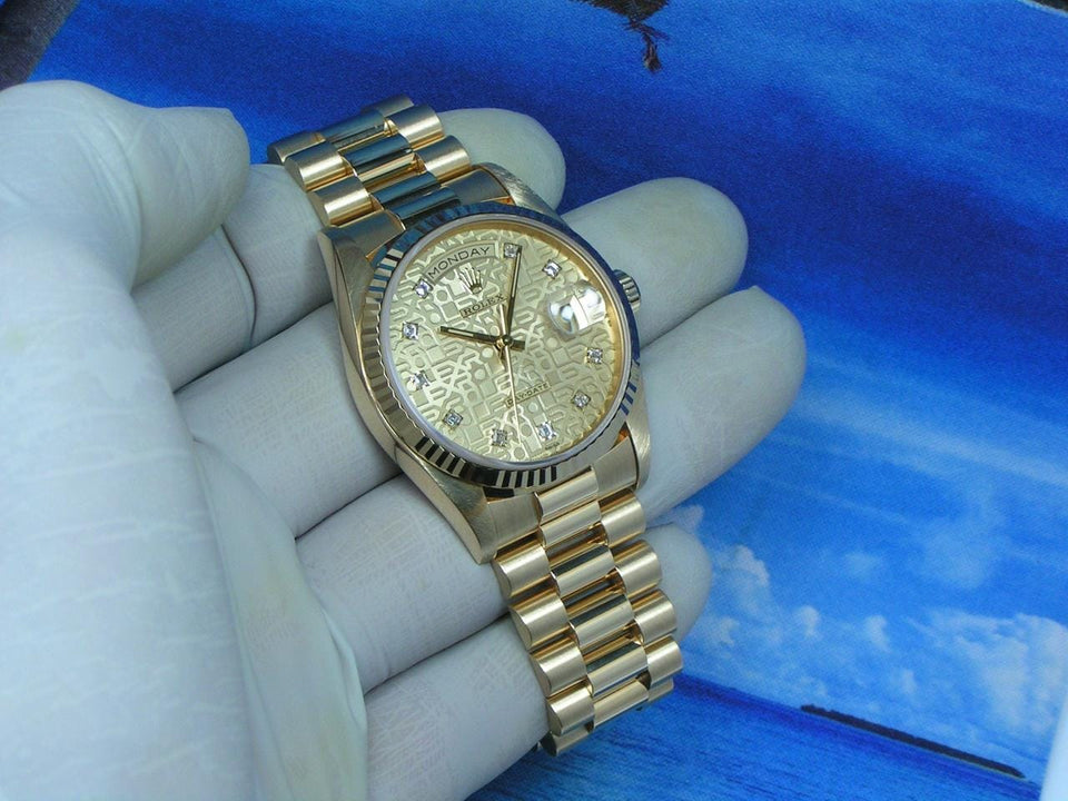 Rolex1994 Day-Date 36 UN-WORN Boxes Papers RARE Champagne "Jubilee" Princess cut Diamond Dial
