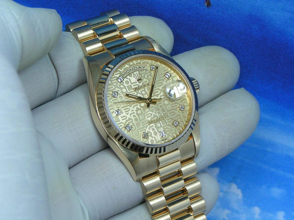 Rolex1994 Day-Date 36 UN-WORN Boxes Papers RARE Champagne "Jubilee" Princess cut Diamond Dial