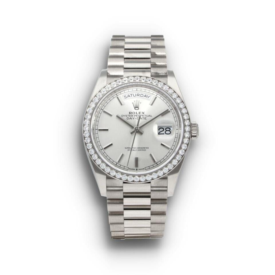 Rolex | Day-Date | 128349RBR-0001 | White gold | 36 mm | White gold | Silver | Automatic
