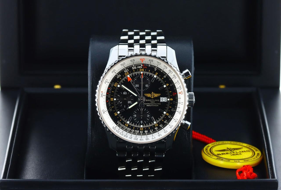 Breitling Navitimer World Chronograph GMT Stainless Steel Dual Timezone A24322 Black Noir Rare
