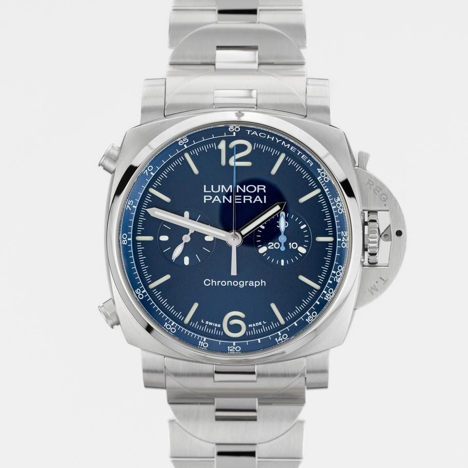 Panerai Luminor Chrono Pam01110 Blue dial meets Italian flair in 44mm steel MINT