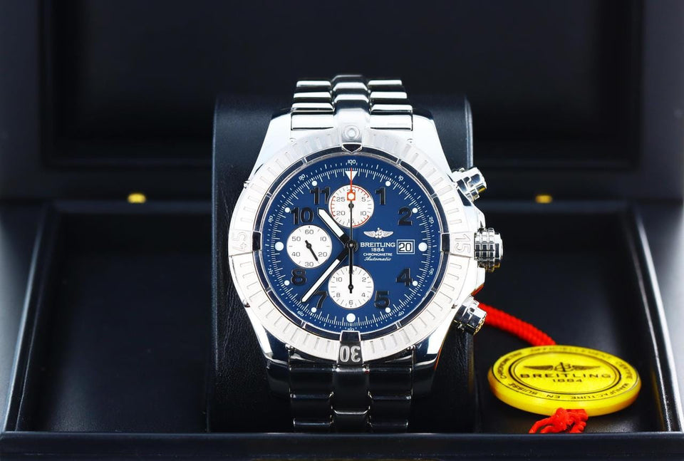 Breitling Super Avenger Chronograph Automatic Blue Arabic 1/4th second 48mm Stainless Steel A13370