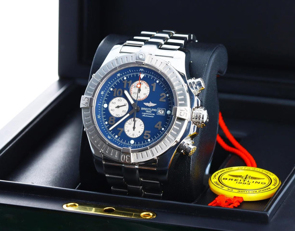 Breitling Super Avenger Chronograph Automatic Blue Arabic 1/4th second 48mm Stainless Steel A13370