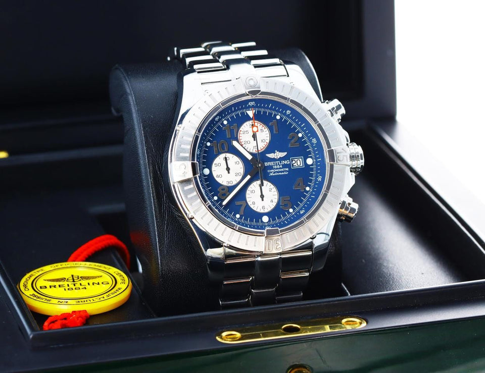Breitling Super Avenger Chronograph Automatic Blue Arabic 1/4th second 48mm Stainless Steel A13370