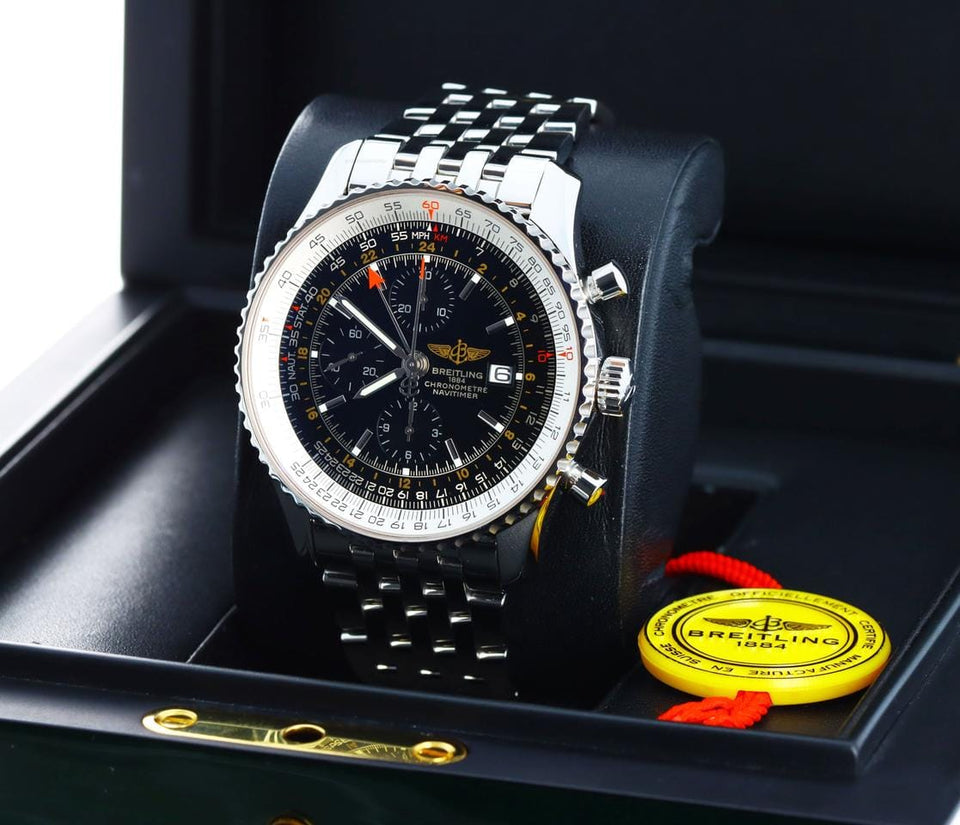 Breitling Navitimer World Chronograph GMT Stainless Steel Dual Timezone A24322 Black Noir Rare