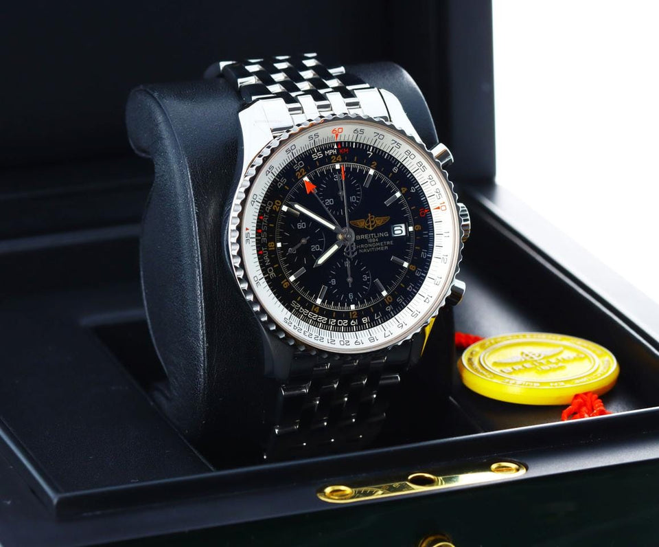 Breitling Navitimer World Chronograph GMT Stainless Steel Dual Timezone A24322 Black Noir Rare