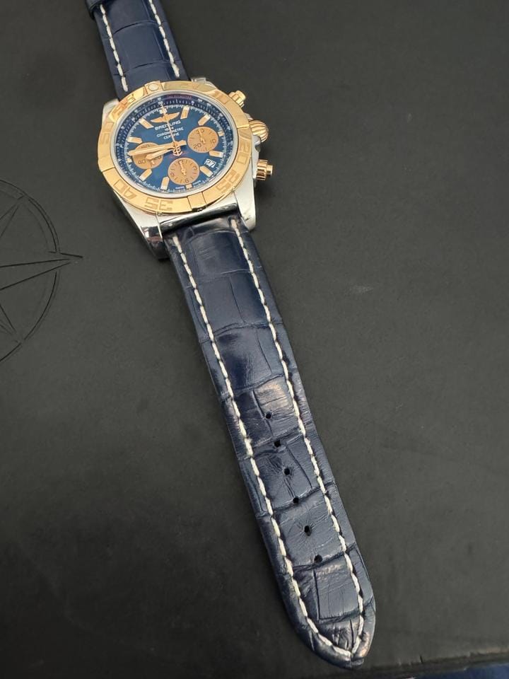 Breitling Chronomat 44 SALE 10/10 RARE 1 OWNER 18 K “ROSE” GOLD BLUE ALLIGATOR STRAP