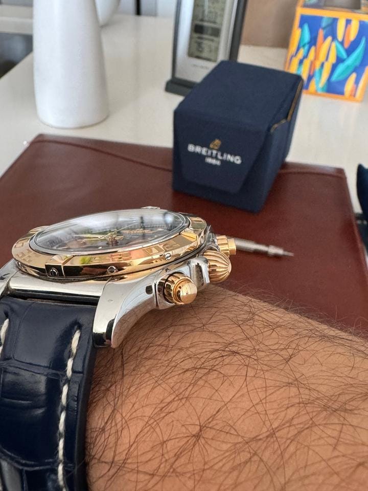 Breitling Chronomat 44 SALE 10/10 RARE 1 OWNER 18 K “ROSE” GOLD BLUE ALLIGATOR STRAP
