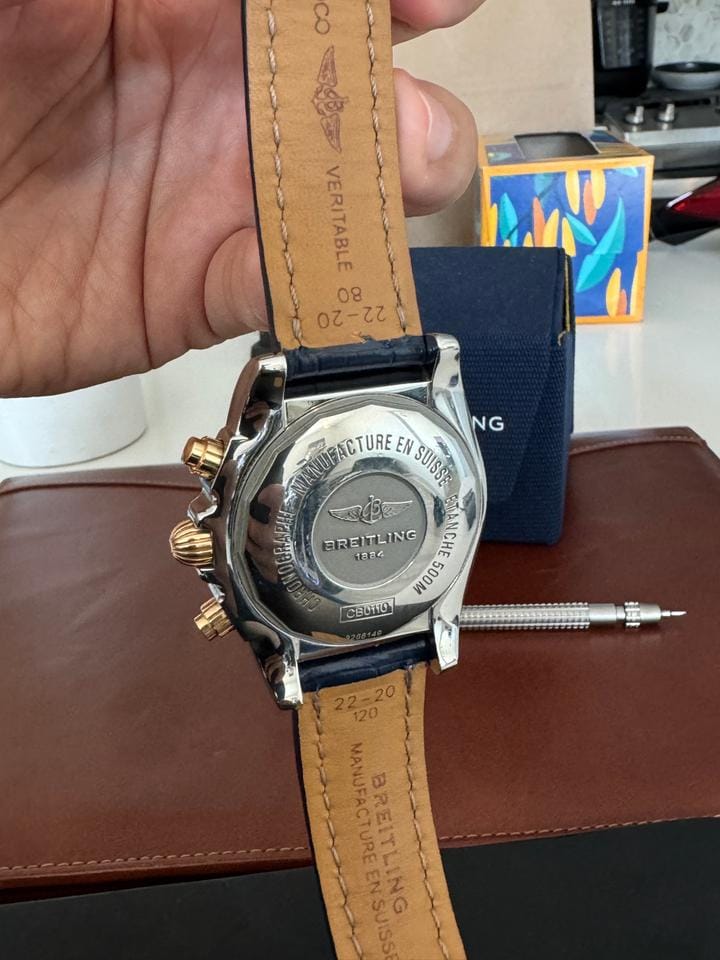 Breitling Chronomat 44 SALE 10/10 RARE 1 OWNER 18 K “ROSE” GOLD BLUE ALLIGATOR STRAP