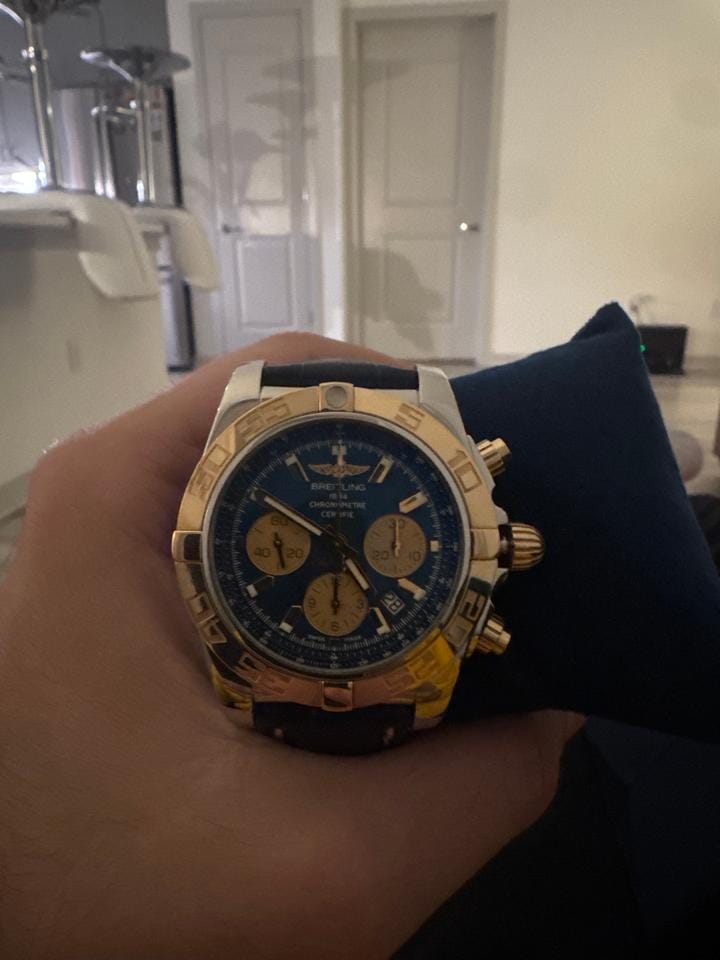 Breitling Chronomat 44 SALE 10/10 RARE 1 OWNER 18 K “ROSE” GOLD BLUE ALLIGATOR STRAP