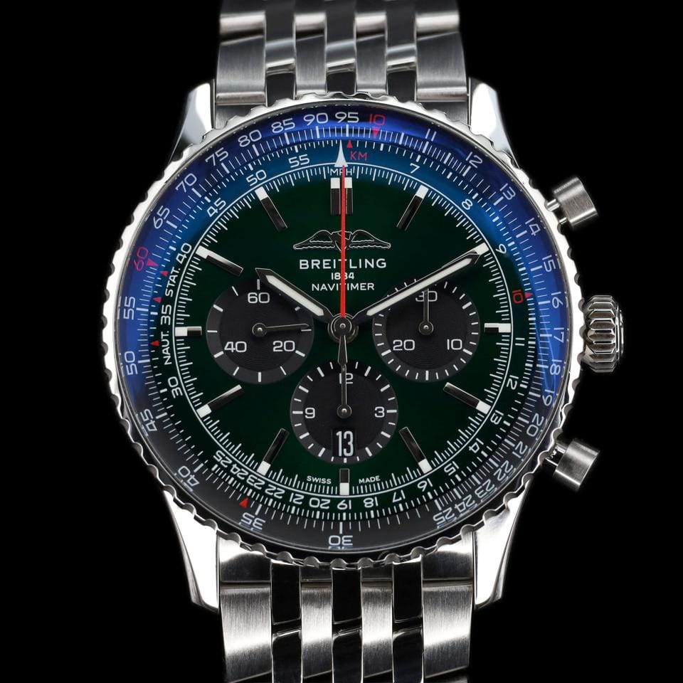 Breitling Navitimer 1 B01 Chronograph Green Dial Bracelet AB0137 Box and Papers