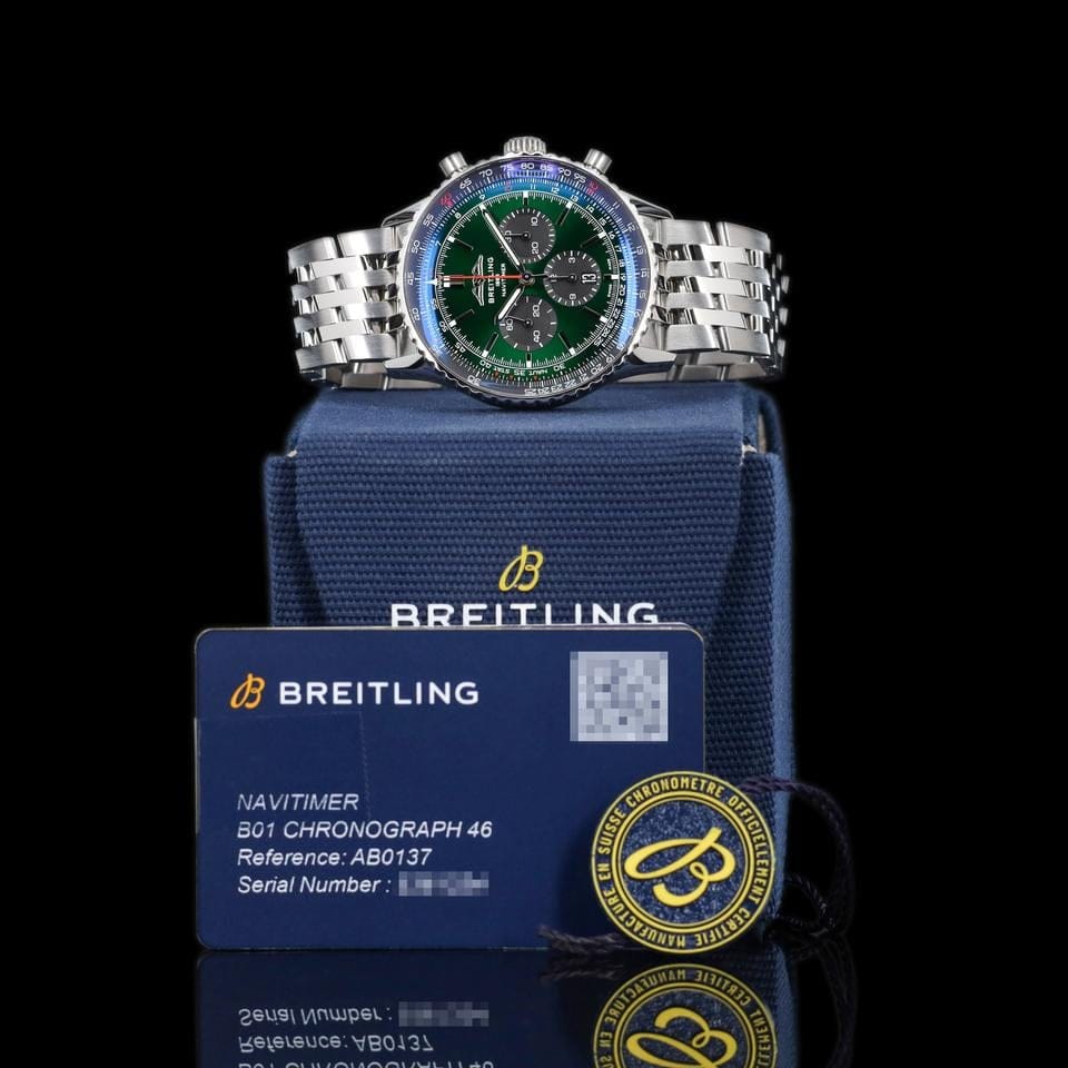 Breitling Navitimer 1 B01 Chronograph Green Dial Bracelet AB0137 Box and Papers