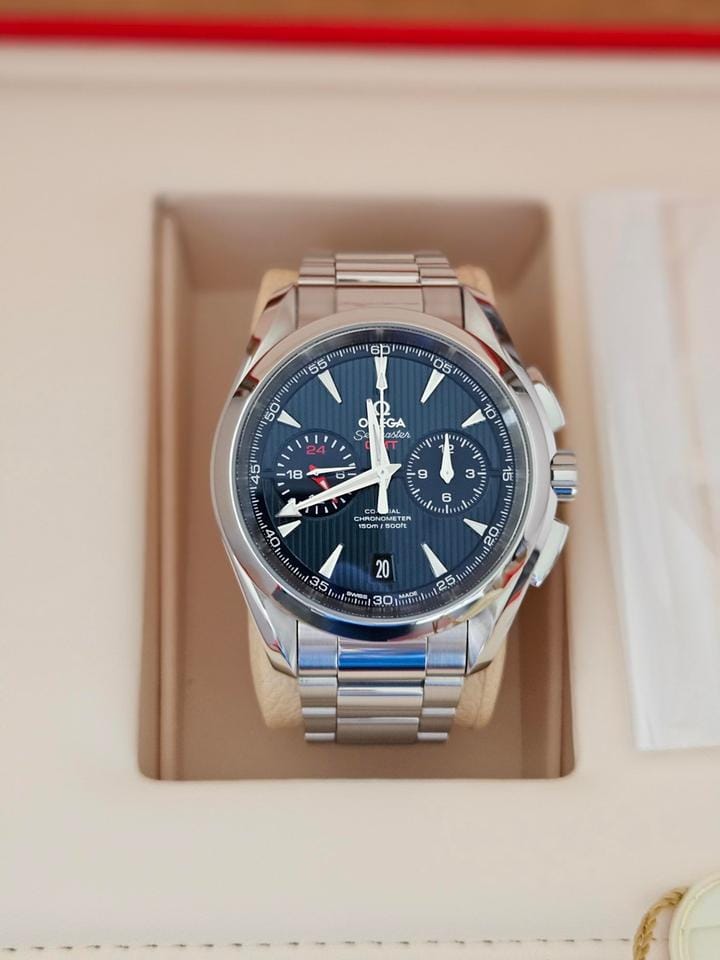 Omega Seamaster Aqua Terra Chronograph Gmt Full Set mit Holzbox und ausgefüllten Papieren