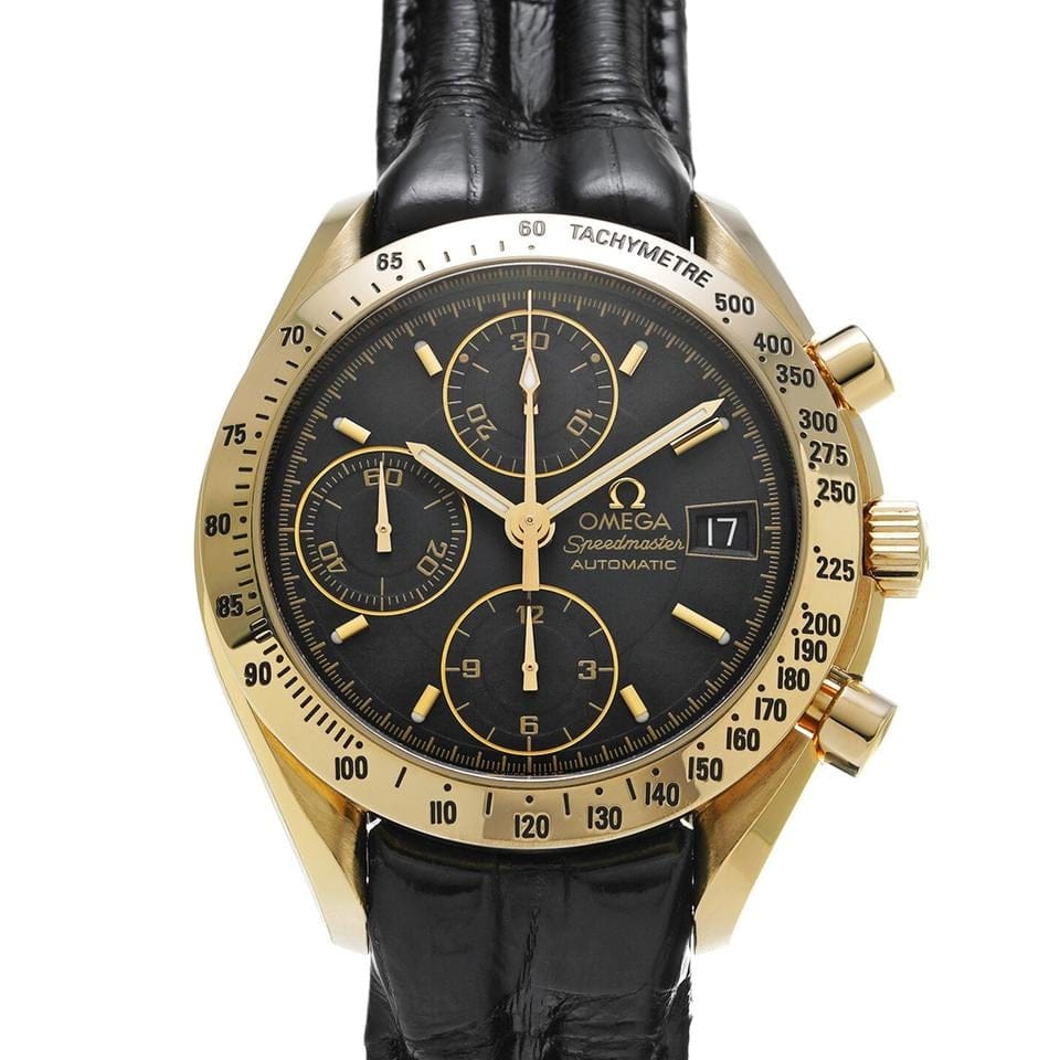 Omega Speedmaster Date3613.53.00 quadrante nero / cassa oro 18 Kt / cinturino pelle / NOS