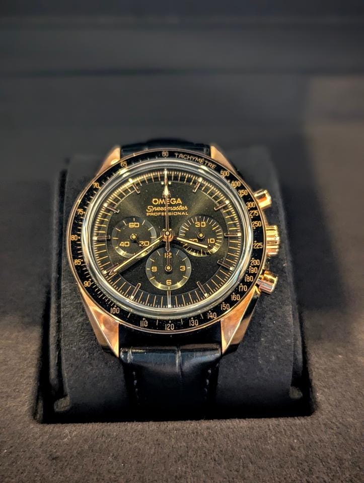 Omega Speedmaster Professional Moonwatch Co-Axial Master Chronometer 2025 42mm 18k Sedna Gold on leather strap