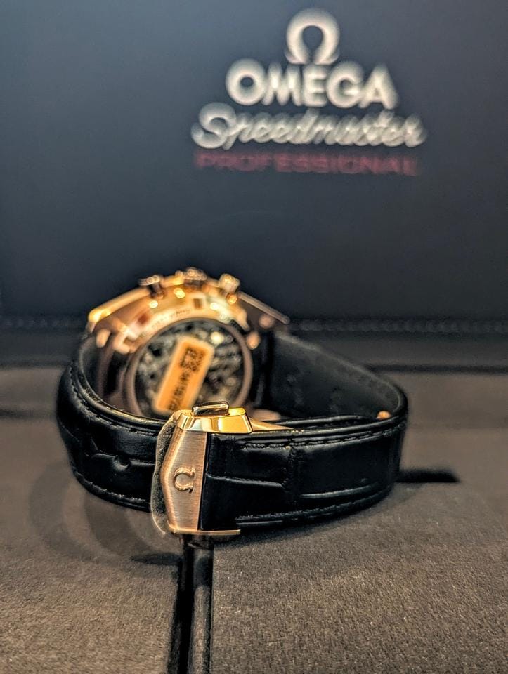 Omega Speedmaster Professional Moonwatch Co-Axial Master Chronometer 2025 42mm 18k Sedna Gold on leather strap