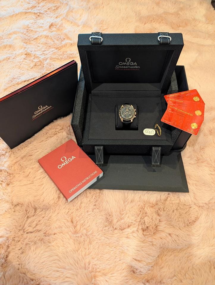 Omega Speedmaster Professional Moonwatch Co-Axial Master Chronometer 2025 42mm 18k Sedna Gold on leather strap