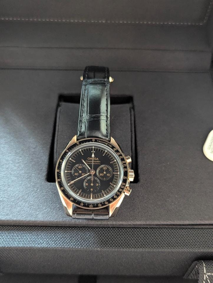 Omega Speedmaster Professional Moonwatch Co-Axial Master Chronometer 2025 42mm 18k Sedna Gold on leather strap