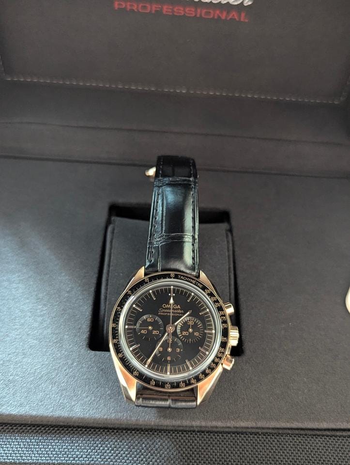 Omega Speedmaster Professional Moonwatch Co-Axial Master Chronometer 2025 42mm 18k Sedna Gold on leather strap