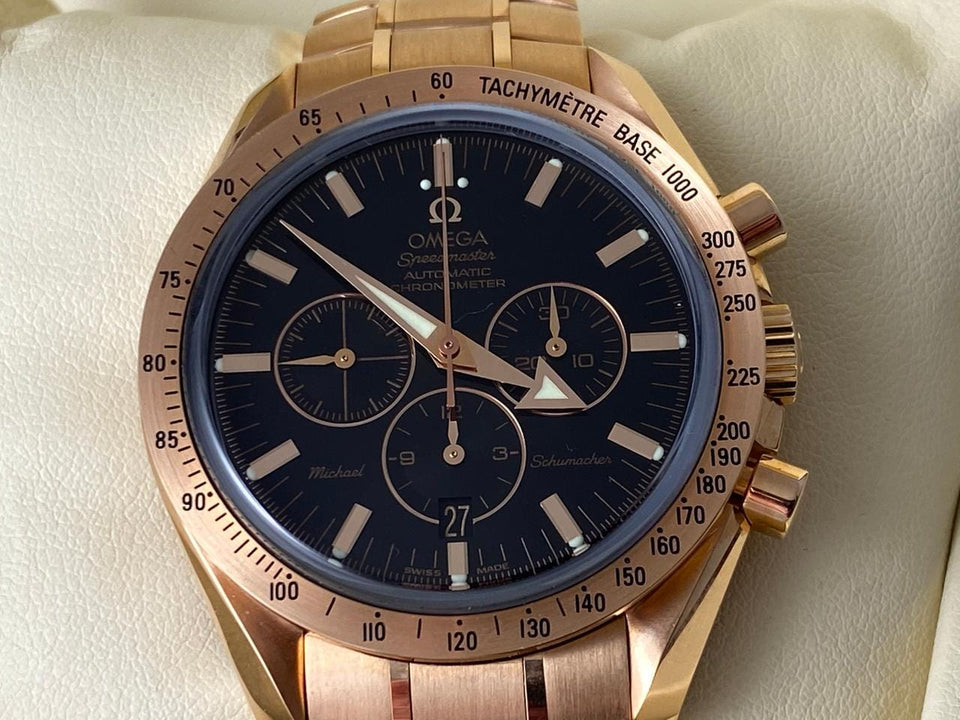 Omega Speedmaster Broad Arrow Michael Schumacher Rose Gold 3159.50.00 New Full Set