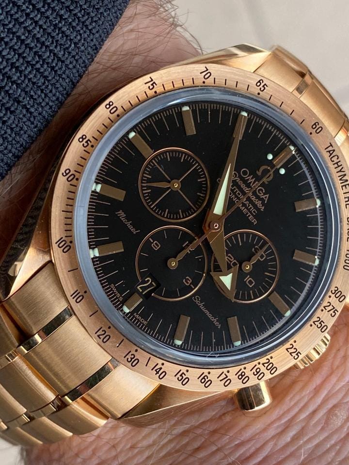 Omega Speedmaster Broad Arrow Michael Schumacher Rose Gold 3159.50.00 New Full Set
