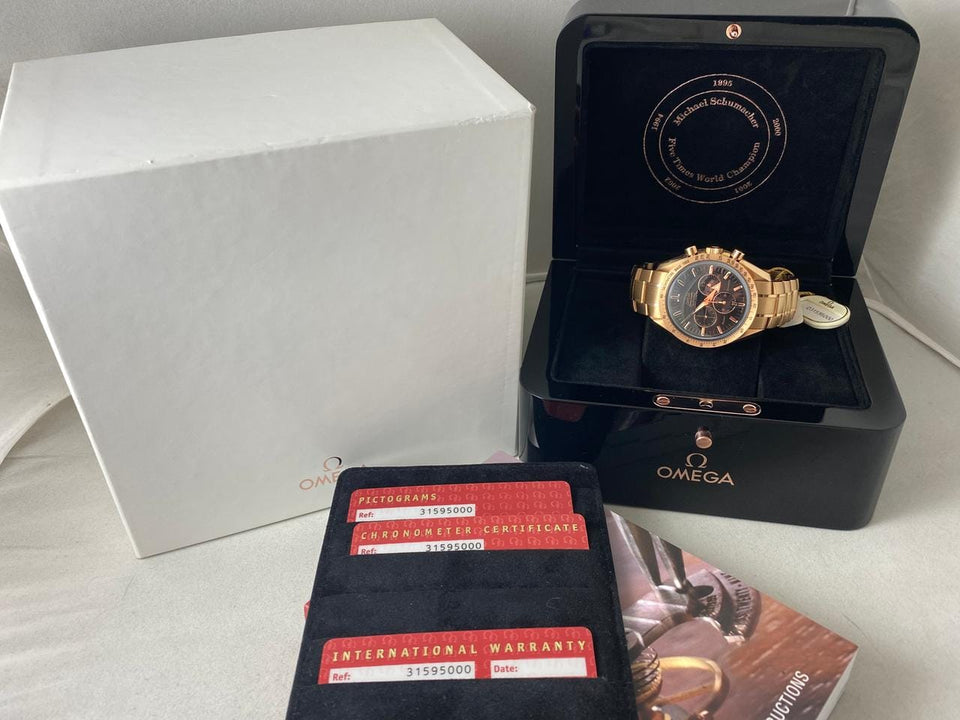 Omega Speedmaster Broad Arrow Michael Schumacher Rose Gold 3159.50.00 New Full Set