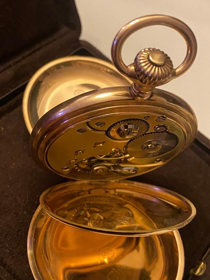 Omega Savonette Taschenuhr Seltene antike Omega Savonette-Taschenuhr 585 Gold H J WILM