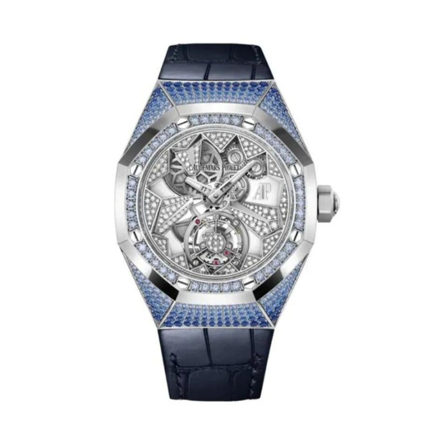 Audemars Piguet Royal Oak Flying Tourbillon WG Blue Saphhire Diamond Case Blue Alligator Leather Strap