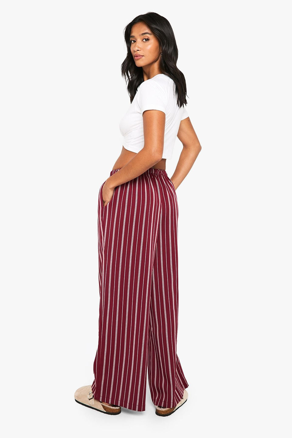 Petite Pinstripe Wide Leg Drawcord Waist Trousers