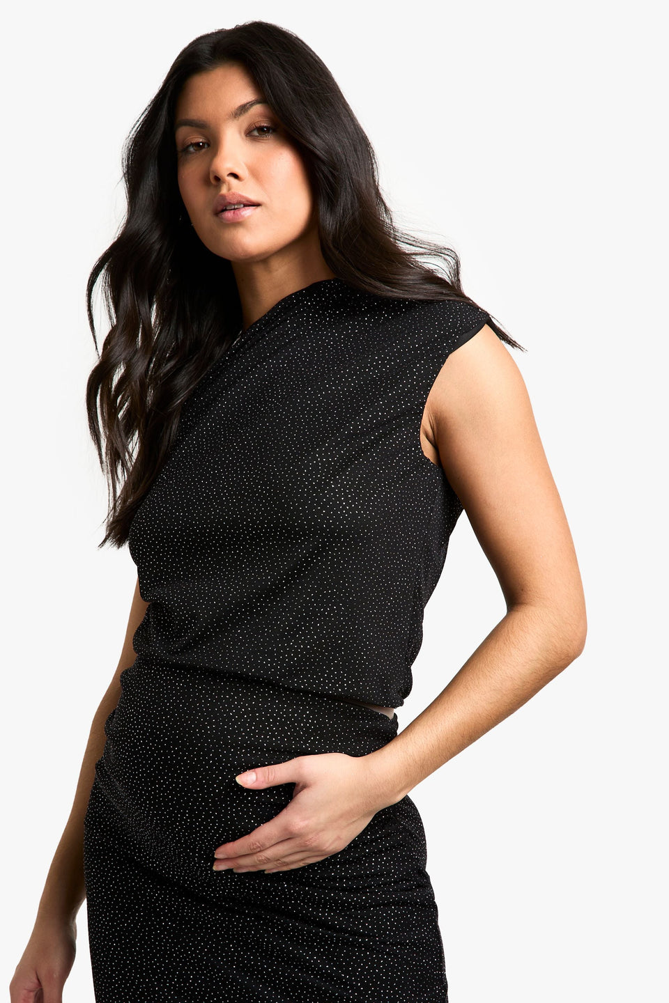 Maternity Glitter Stretch Ruched Off The Shoulder Top
