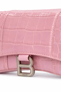 BALENCIAGA Hourglass Croc leather wallet on chain Pink