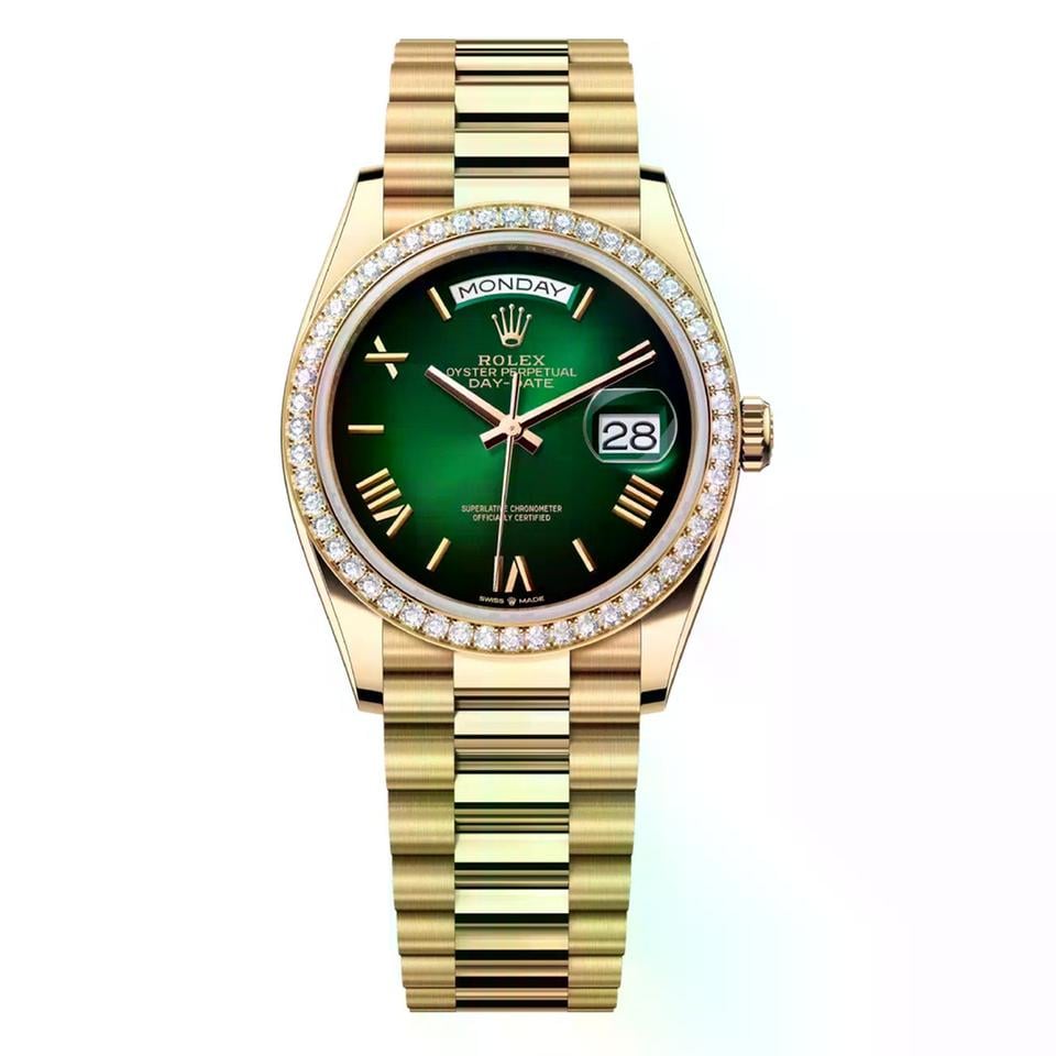 Rolex | Day-Date | 128348RBR-0068 | 36 mm | Yellow gold | Green | Automatic