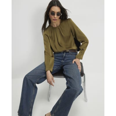 Khaki Pleat Front Blouse