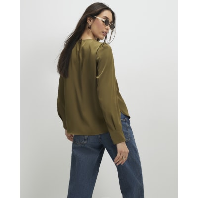 Khaki Pleat Front Blouse