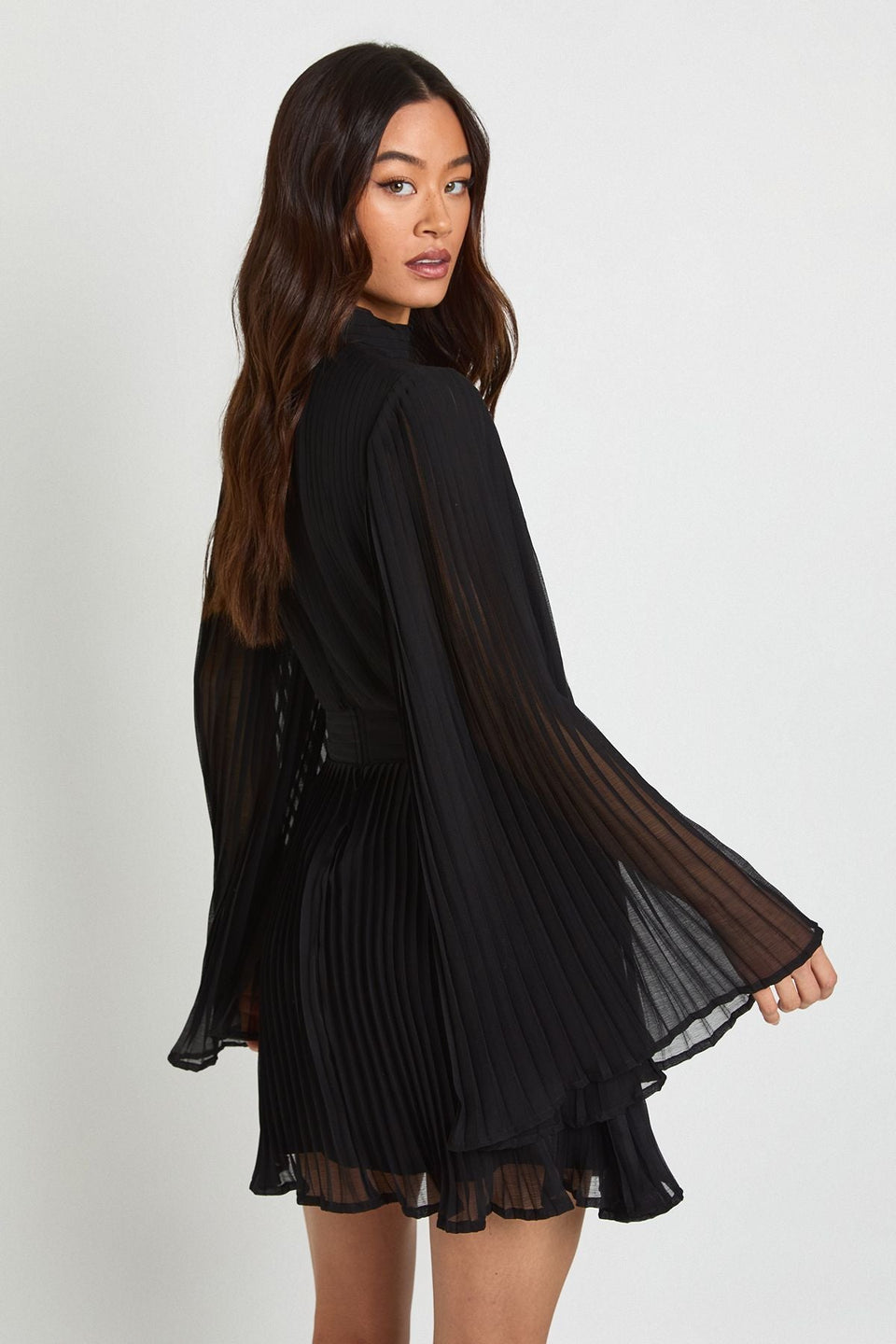 Tall Pleated Chiffon High Neck Flare Sleeve Mini Dress