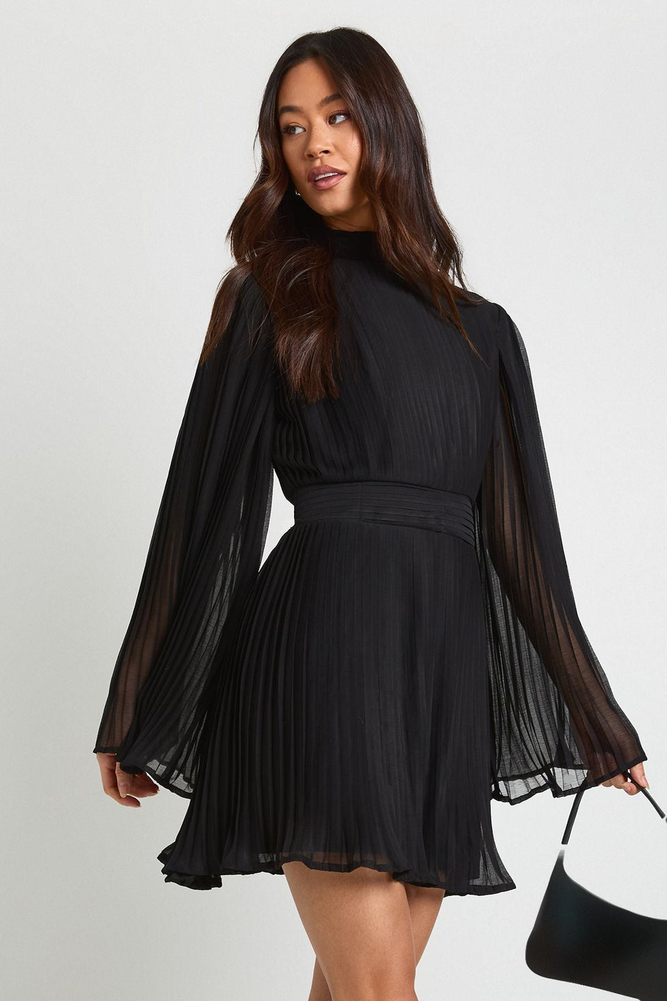 Tall Pleated Chiffon High Neck Flare Sleeve Mini Dress