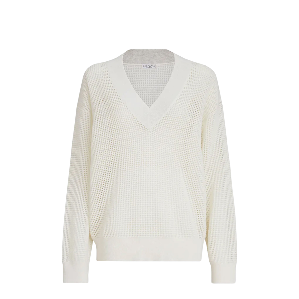 Brunello Cucinelli White Cashmere Mesh Sweater