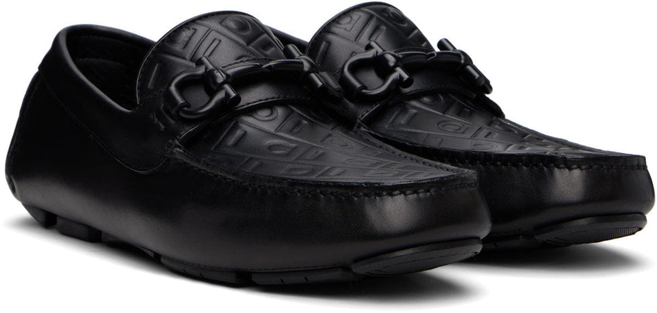 Ferragamo Black Gancini Ornament Driver Loafers