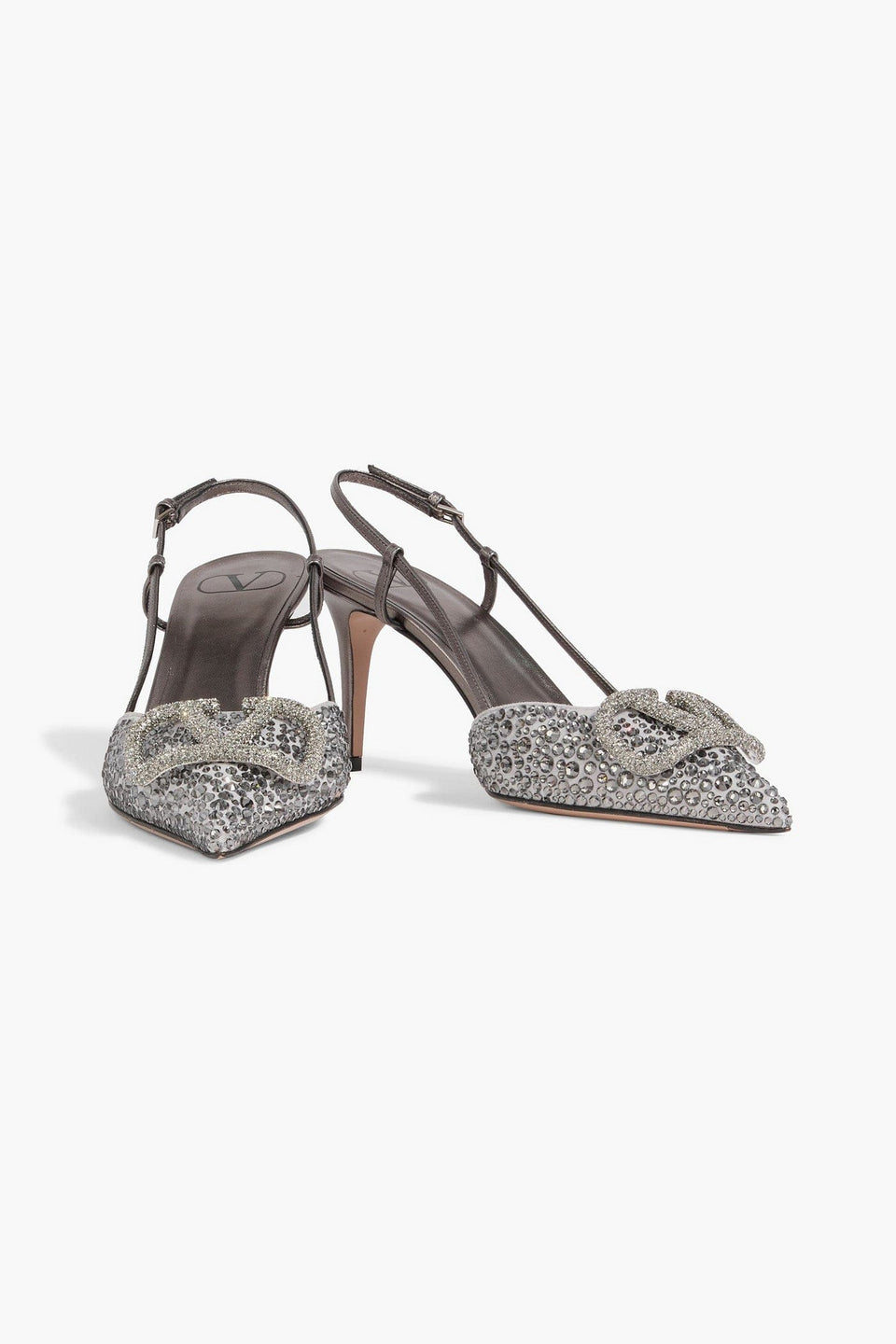 Valentino Garavani Vlogo Signature Crystal-Embellished Suede And Leather Slingback Pumps Gunmetal Women's
