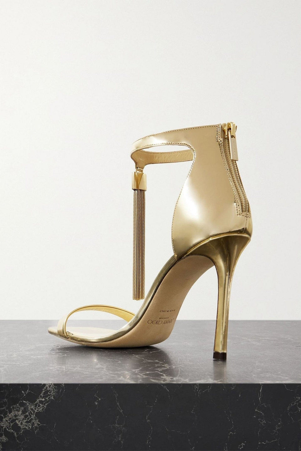 Jimmy Choo Vinca 95 Fringed Mirrored-Leather Sandals Gold Women's