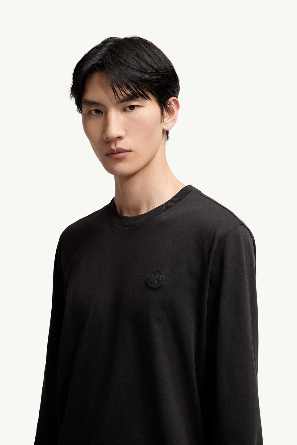 Moncler Leather Logo Long Sleeve Cotton T-Shirt Black Black